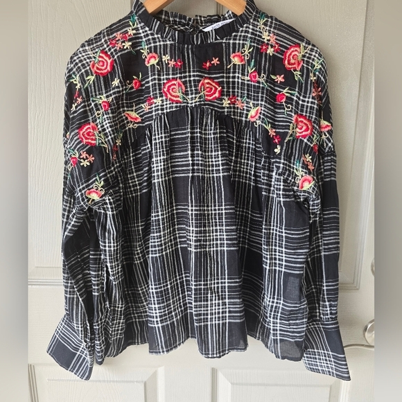 Zara Basic  Denim Embroidered Floral Checked Shirt Top Size Small Women - Picture 4 of 15